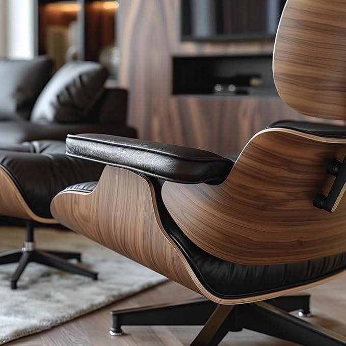 Top Black Grain Leather, Mid Century Chaise Lounge Chair and Ottoman, Modern Chair Classic Design, Walnut Wood, Heavy Duty Base Support for Living Room Office