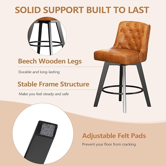 MINCETA Bar Stools Set of 3, PU Leather Barstools, 26 Inch Upholstered Counter Stools with Low Tufted Back and Footrest, Swivel Counter Height Barstools for Kitchen Island Home Bar Brown