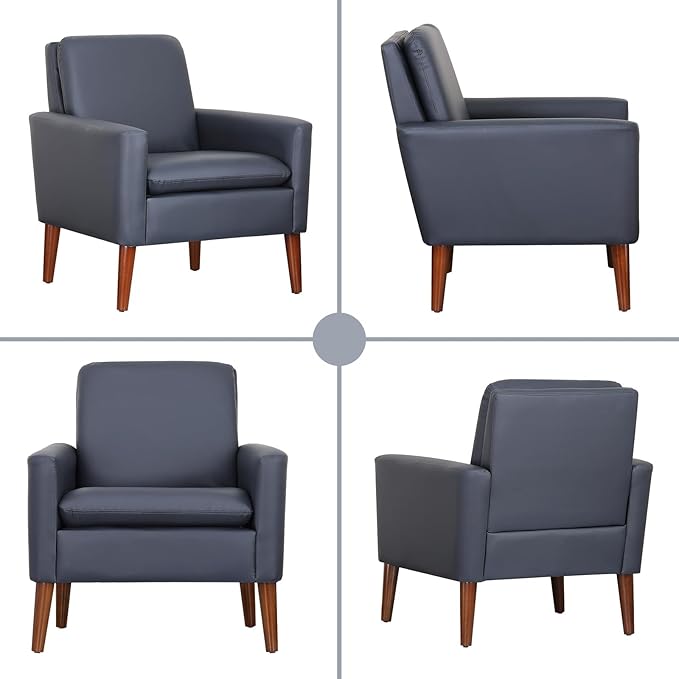 Lohoms Faux Leather Accent Chair for Living Room, Mid-Century Modern Comfy Reading Leisure Chairs for Bedroom, Upholstered Armchair for Apartment/Office/Waiting Room, Wood Legs, Dark Blue