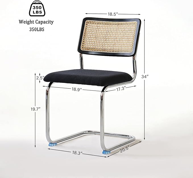 Black Chrome Rattan Dining Chairs Set of 2, Wooden Mid-Century Modern Kitchen Chairs, Mesh Back Cane Dining Room Chairs, Cesca Design Chair with Metal Chrome Legs