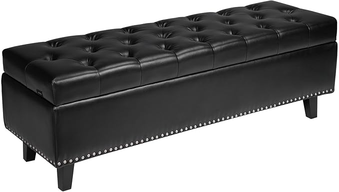 VEVOR Button-Tufted Storage Ottoman Bench, PU Leather Bench with Storage and Solid Wood Legs, Modern Shoe Benches Seat for Entryway, Upholstered End of Bed Benches for Living Room, Dining Room, Black