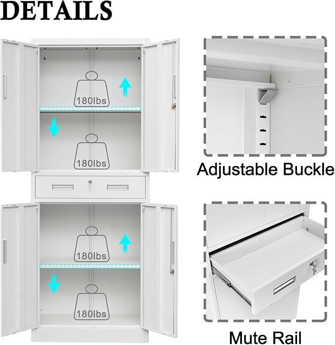 BESFUR Metal Cabinet, Garage Storage Cabinet with Drawer and Adjustable Shelves for Garage, Office, School - White