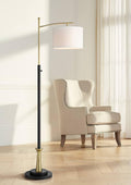 Possini Euro Design Burbank Modern Downbridge Floor Lamp 64" Tall Black Brass Gold Metal Linen Drum Shade for Living Room Reading Bedroom Home Office House