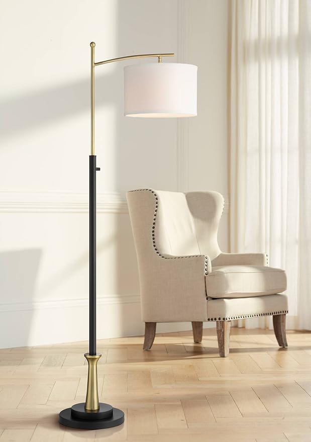 Possini Euro Design Burbank Modern Downbridge Floor Lamp 64" Tall Black Brass Gold Metal Linen Drum Shade for Living Room Reading Bedroom Home Office House