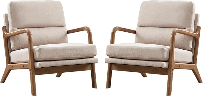Mid Century Modern Accent Chair Set of 2, Linen Fabric Upholstered Lounge Arm Chair with Solid Wood Frame and Soft Cushion for Living Room, Bedroom, Balcony (1, Beige)