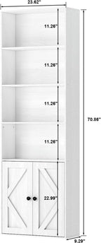 Bookshelf, 6-Tier Floor Bookcase with 2 Bottom Doors, 9.29"x23.62"x70.86", Storage Cabinet Bookshelves for Home Office, Living Room, Bedroom-White