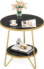 Tribesigns Faux Marble End Table, 2 Tier Round Side Table with Shelves, Modern Black Nightstand Bedside Table Small Coffee Accent Table for Living Room Bedroom, Black and Gold