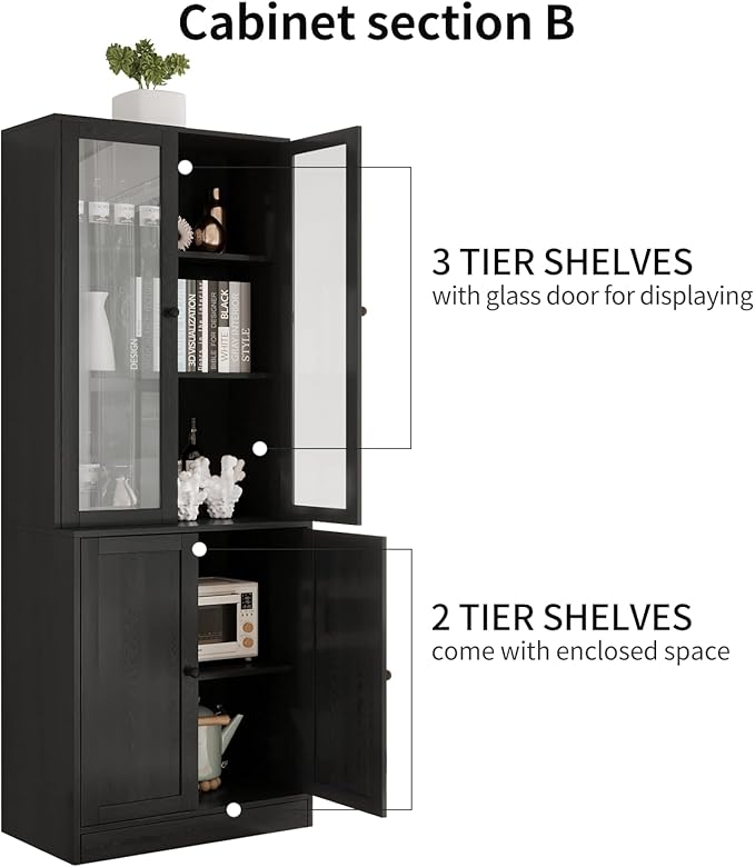 VOWNER Vertical File Cabinet, 3-Tier Modern Bookshelf with 3 Large Drawer, Wood Filing Cabinet with Open Storage Shelf, Glass Doors and Fixed Storage Shelves for Home Office, Black