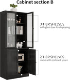 VOWNER Vertical File Cabinet, 3-Tier Modern Bookshelf with 3 Large Drawer, Wood Filing Cabinet with Open Storage Shelf, Glass Doors and Fixed Storage Shelves for Home Office, Black
