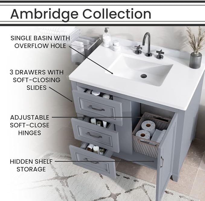 Hanover Ambridge 36'' Vanity Cabinet with Sink Combo for Bathroom, Powder Room | Pre-Assembled Cabinet | 1 Door, 3 Drawers | Artificial Stone Countertop, Gray Cabinet