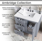 Hanover Ambridge 36'' Vanity Cabinet with Sink Combo for Bathroom, Powder Room | Pre-Assembled Cabinet | 1 Door, 3 Drawers | Artificial Stone Countertop, Gray Cabinet