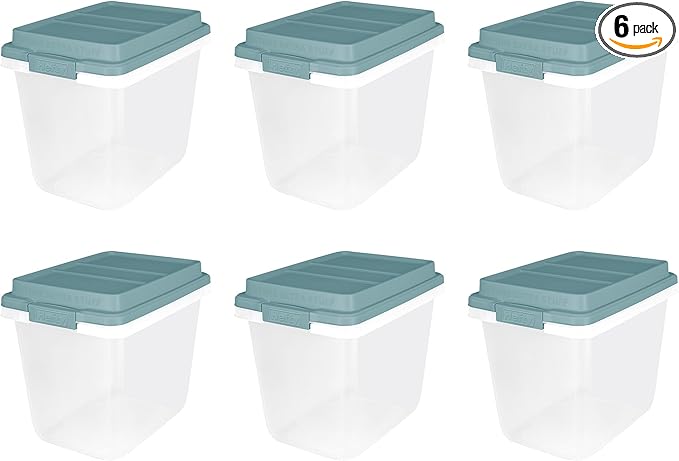 Hefty 6 Pack 32 Quart Lift Off Stackable Plastic Storage Bin and Lid, Smoke Blue