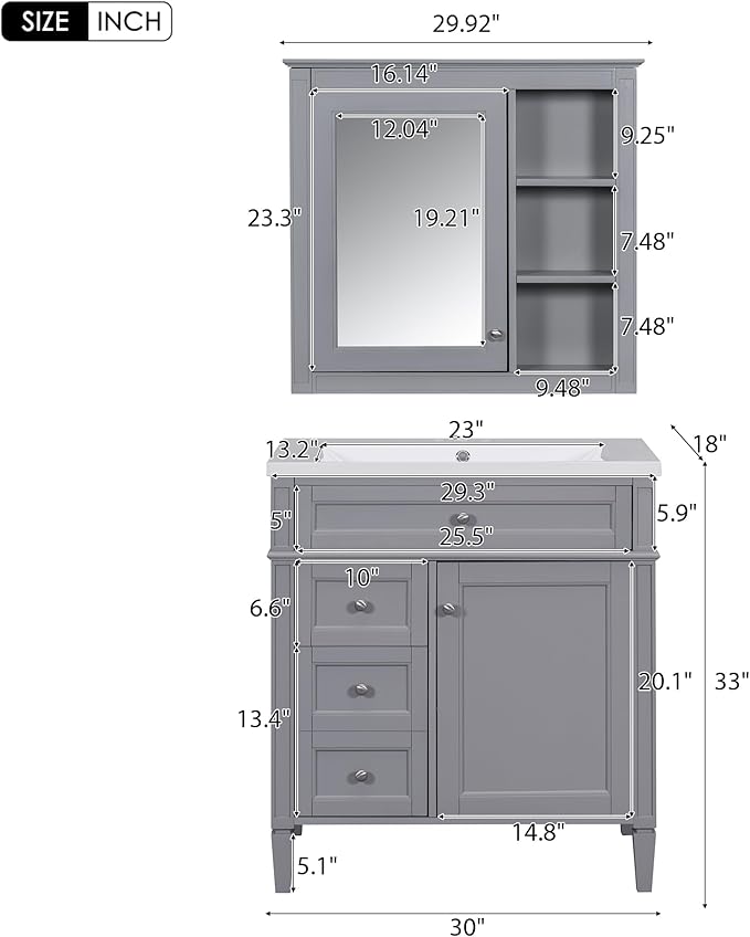 30" Bathroom Vanity with Matching Medicine Cabinet, Modern Sink Storage Cabinet with Drawers, Soft Closing Doors and Shelf, Bathroom Vanities with Sink & Mirror