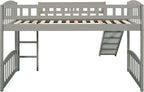 Twin Size Loft Bed with Slide and Ladder,Multifunctional Solid Wood Bed Frame,w/Safety Guardrail & 14 Support Slats,No Box Spring Needed,Easy to Install,for Kids,Teens,Girls,Boys,Grey
