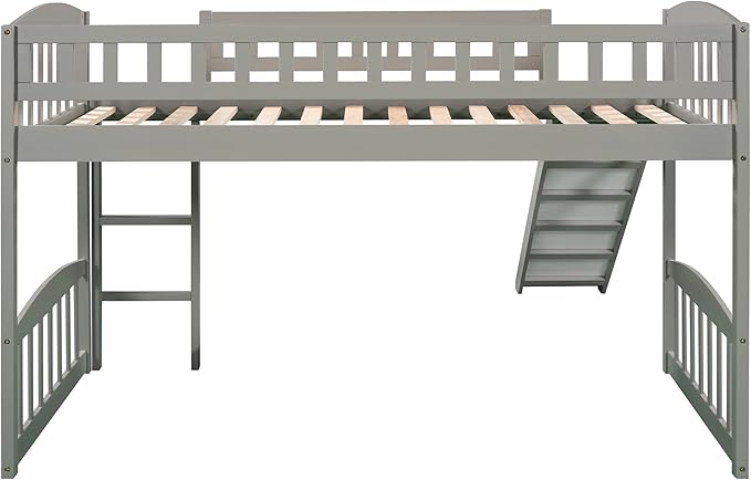 Twin Size Loft Bed with Slide and Ladder,Multifunctional Solid Wood Bed Frame,w/Safety Guardrail & 14 Support Slats,No Box Spring Needed,Easy to Install,for Kids,Teens,Girls,Boys,Grey