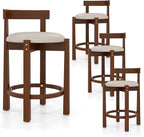 COSTWAY 24'' Counter Height Bar Stools Set of 4, Linen Upholstered Bar Chairs with Backrests and Footrests, Wood High Barstools for Kitchen Island and Dining Room (Walnut)