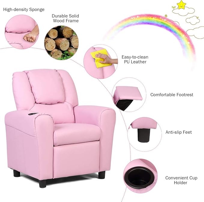 Costzon Kids Recliner Chair with Cup Holder, Toddler Room Furniture Children Armrest Sofa w/Headrest & Footrest for Girls Boys Baby Bedroom, PU Leather Couch (Pink)