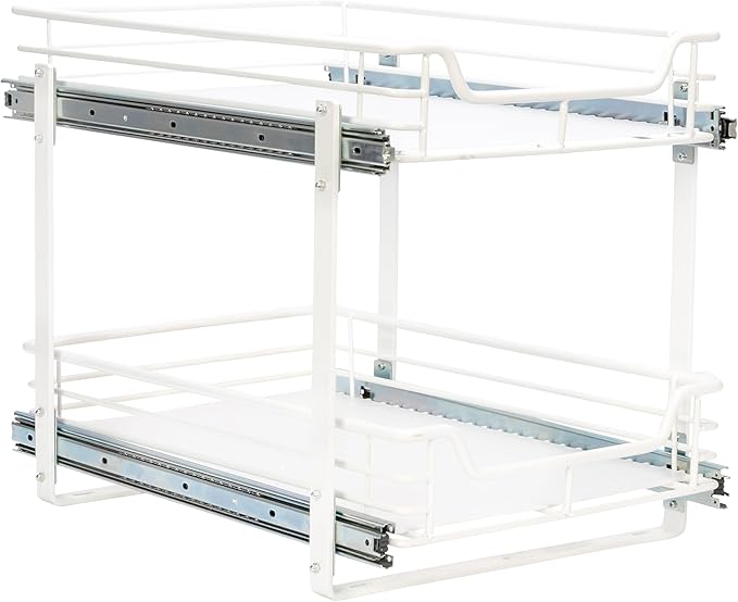 Household Essentials Glidez Multipurpose Paint-Finished Steel Pull-Out/Slide-Out Storage Organizer for Under Cabinet Use - 2-Tier Design - Fits Standard Size Cabinet or Shelf, White