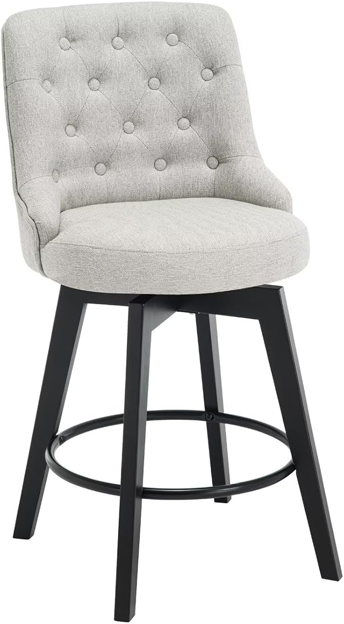 MINCETA Set of 4 Upholstered Bar Stools - 26 Inch Swivel Counter Height Stools with Low Tufted Back, Footrest & Performance Fabric - Round Seat for Kitchen Island & Home Bar Gray and Beige