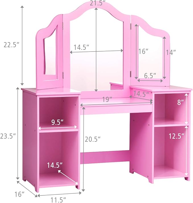 GOFLAME Kids Vanity Table, 2 in 1 Detachable Design with Dressing Table and Writing Desk, Princess Makeup Dressing Table with 4 Large Storage Shelves and 3-Panel Mirror for Kids and Girls (Pink)