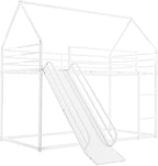 Twin Over Twin Metal Floor Bunk Bed with Slide,Metal Junior House Twin Size House Bunk Bed Frame with Ladder & Roof for Boy Girl, No Box Spring Needed,Low Bunk Bed Frame with Convertible Slide