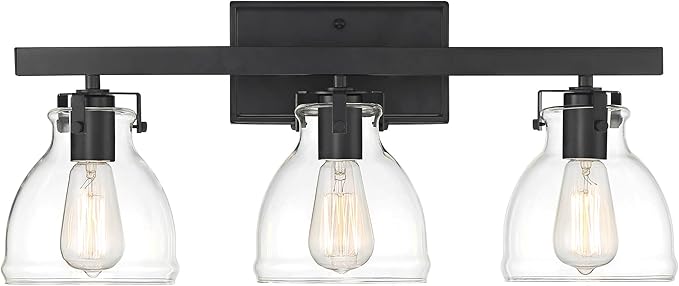 Possini Euro Design Bellis Modern Industrial Wall Light Black Hardwired 22 3/4" 3-Light Fixture Clear Curving Glass Shade for Bedroom Bathroom Vanity Living Room Home Hallway Dining Kitchen House