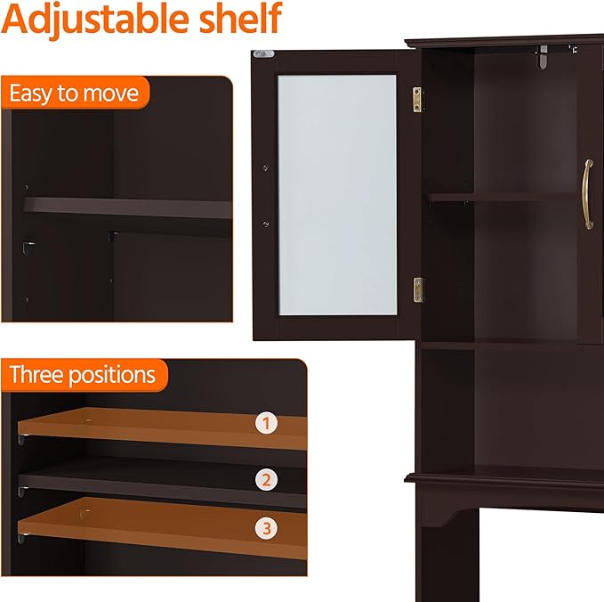 Yaheetech Over The Toilet Storage Cabinet, Free Standing Toilet Rack with Adjustable Shelves and Tempered Glass Doors for Bathroom Washroom, Espresso