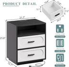 Nightstands Set of 2 with Charging Station, 25.8" Tall Wide Bedside Table with 2 Storage Drawers & Open Shelf, Mid Century Modern Wood End Table for Bedroom, Living Room, Black/White