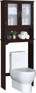 Yaheetech Over The Toilet Storage Cabinet, Free Standing Toilet Rack with Adjustable Shelves and Tempered Glass Doors for Bathroom Washroom, Espresso