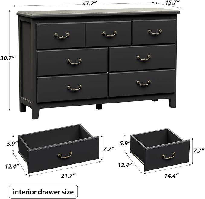 Black Dresser for Bedroom, Modern Style 7 Drawer Dresser with Vintage Gold Antique Handles, Chest of Drawers for Bedroom, Antique Black