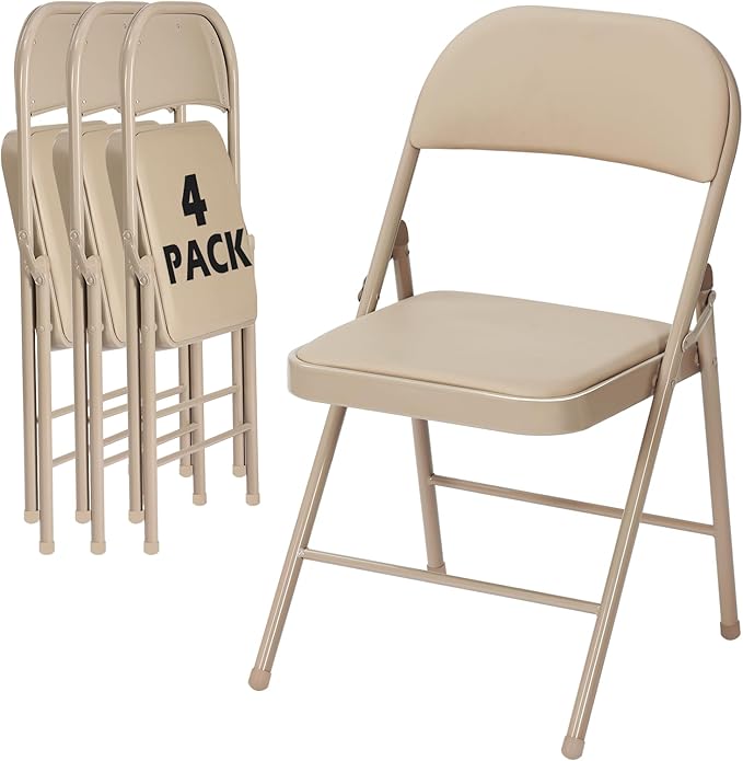 4 Pack Khaki Folding Chairs with Padded Cushion and Back, Portable Stackable Commercial Metal Foldable Chairs with Steel Frame for Party Events Wedding Home Office, 350lbs Capacity
