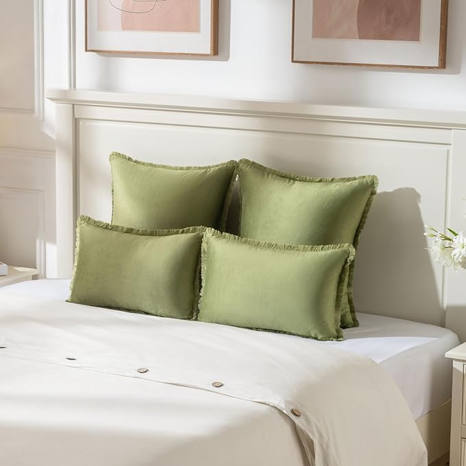 FUTEI Sage Green Velvet Decorative Throw Pillow Covers 22x22 Set of 2,Soft Cozy Edge with Tassels Cushion Case,Boho Modern Home Decor for Couch Bed Living Room