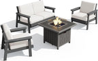 SERWALL Patio Furniture Set with 33” Fire Pit Table, HDPE Outdoor Sectional Sofa Set with Thickened Cushions, Grey Frame with Khaki Cushions