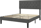 Allewie Full Size Button Tufted Platform/Fabric Upholstered Bed Frame with Adjustable Headboard/Wood Slat Support/Mattress Foundation/Dark Grey (Full)