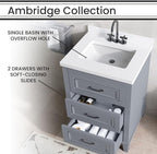 Hanover Ambridge 24'' Vanity Cabinet with Sink Combo for Bathroom, Powder Room, Pre-Assembled Cabinet, 2 Drawers, Accent Mirror, Artificial Stone Countertop, Gray Cabinet