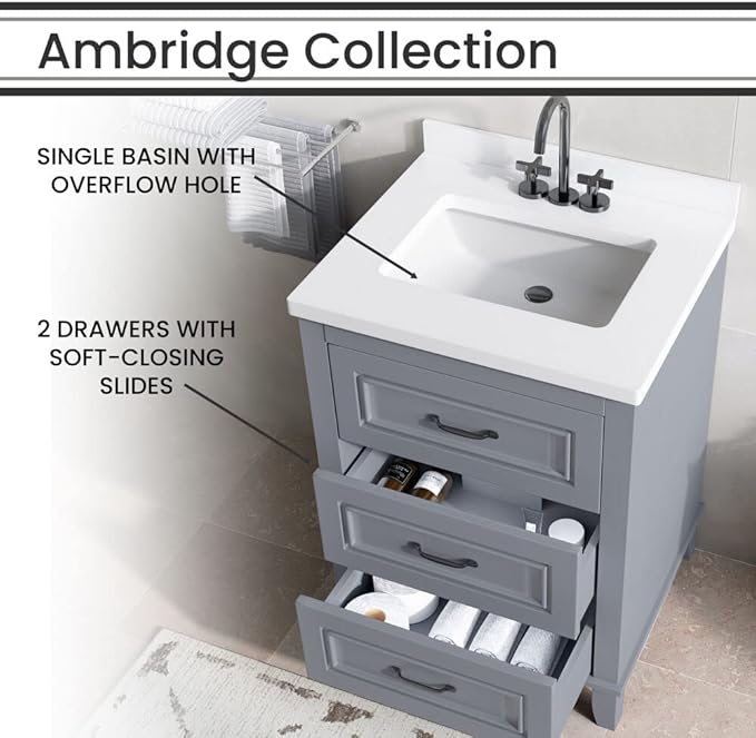 Hanover Ambridge 24'' Vanity Cabinet with Sink Combo for Bathroom, Powder Room, Pre-Assembled Cabinet, 2 Drawers, Accent Mirror, Artificial Stone Countertop, Gray Cabinet