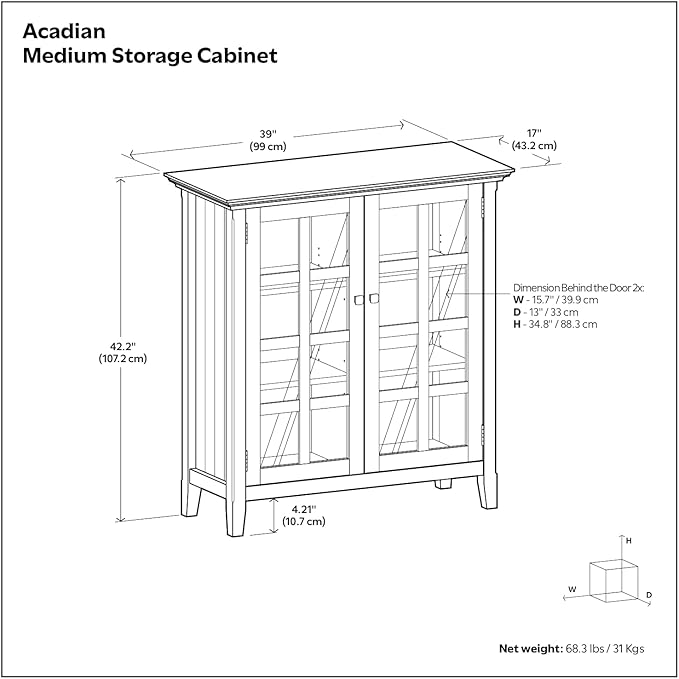 SIMPLIHOME Acadian Storage Cabinet - 39 inch Wide Solid Wood 4-Shelf Display Cabinet in Light Golden Brown, Transitional Cupboard for Living Room or Dining Room with Glass Doors and Adjustable Shelves