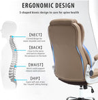 Leather Executive Office Chair, High Back Ergonomic Office Desk Chairs with Wheels, 90-120° Rocking Managerial Home Computer Chairs with Flip up Arms and Lumbar Support(Light Brown)