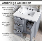 Hanover Ambridge 31'' Vanity Cabinet with Sink Combo for Bathroom, Powder Room | Pre-Assembled Cabinet | 1 Door, 3 Drawers | Artificial Stone Countertop, Gray Cabinet | HANVN0104-31-0GR