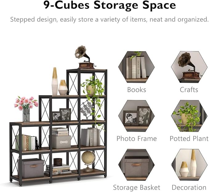 Tribesigns 12 Shelves Bookshelf, Industrial Ladder Corner Bookshelf 9 Cubes Stepped Etagere Bookcase, Rustic 5-Tier Display Shelf Storage Organizer for Home Office (Rustic Brown)