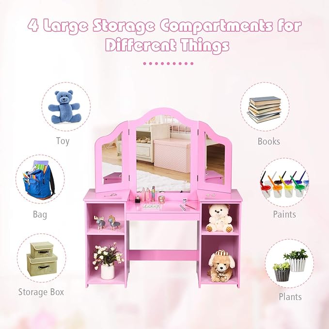GOFLAME Kids Vanity Table, 2 in 1 Detachable Design with Dressing Table and Writing Desk, Princess Makeup Dressing Table with 4 Large Storage Shelves and 3-Panel Mirror for Kids and Girls (Pink)