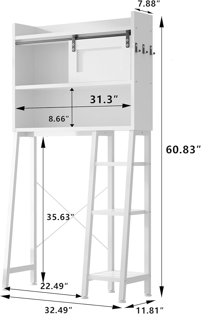 MU Over The Toilet Storage Cabinet with Sliding Door, 32.5" W Free Standing Toilet Shelf Space Saver with 3 Side Hooks & Anti-Tip Design, Space-Saving Toilet Rack for Bathroom, Laundry, White