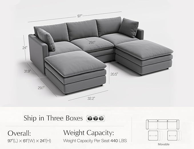 Sectional Couches for Living Room U Shaped Cloud Couch with Ottoman Deep Plush 5 Seats Sofa Modern Sofa for Apartment