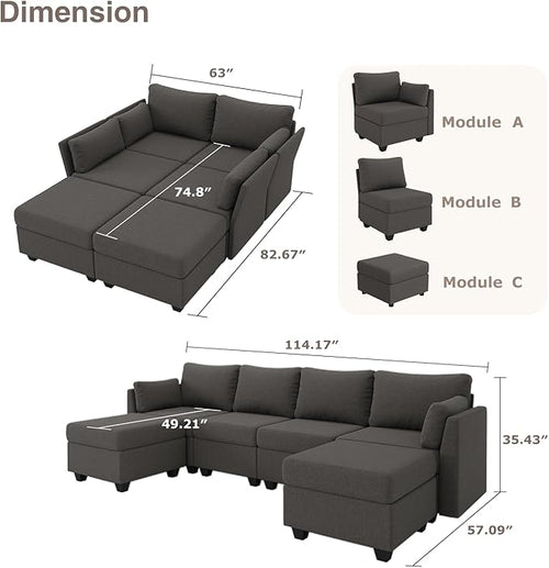 114.17" Modular Sectional Sofa, 6 Seat Sectional Couches with Storage, Memory Foam, Convertible Modular Couch for Living Room, U Shaped Comfy Modular Sofa with Chaise, Dark Grey