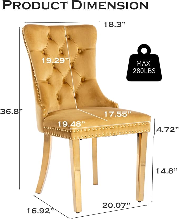 Velvet Upholstered Dining Chairs Set of 6, Modern Style Kitchen Side Chairs with Nailhead Trim and Gold Plated Leg, Metal Pulling Ring for Dining Room Living Room(Gold-Gold Plated Leg)