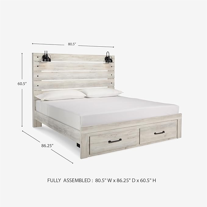 Signature Design by Ashley Cambeck Farmhouse King Panel Bed with 2 Storage Drawers, Sconce Lights and USB Ports, Foundation or Box Spring Needed, Whitewash