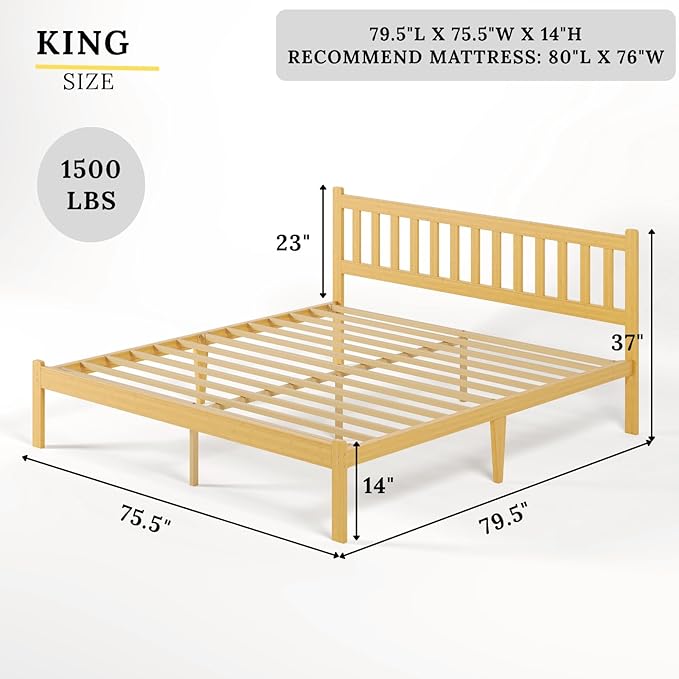 Askeld Wood King Bed Frame with Headboard, 14 Inch High Solid Bamboo Platform Bed No Box Spring Needed, Mid-Century Heavy Duty Bedframe, Easy Assembly, Noise Free