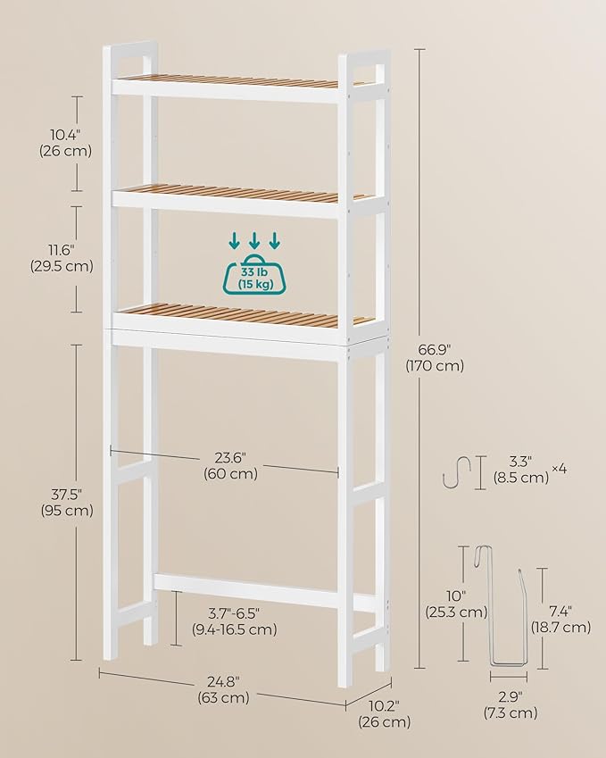 SONGMICS Over The Toilet Storage, 3-Tier Over Toilet Bathroom Organizer with Adjustable Shelf, 10.2 x 24.8 x 66.9 Inches, Space-Saving, Cloud White and Natural Beige UBTS001W02