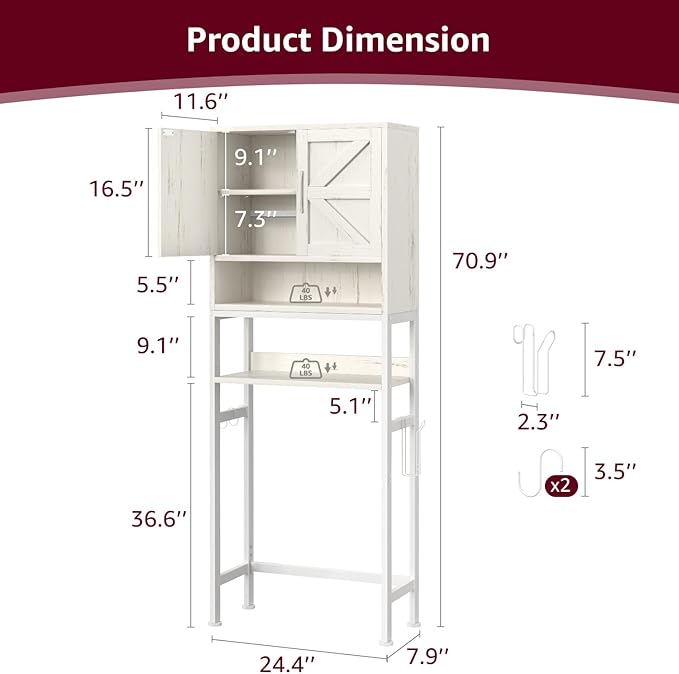 Over The Toilet Storage Cabinet - Bathroom Shelves Above Toilet Freestanding Organizer Shelf with Doors Narrow Floor Stand Rack Farmhouse Wood 71" Tall, Distressed White
