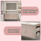 56IN Pink Modern Bathroom Vanity - Bathroom Vanities Set with 2 Drawers Wall Mounted | Rounded Corner Smart Defogging Mirror Cabinet with Lighting & Time Display, Side Opening Storage Shelf (Style B)